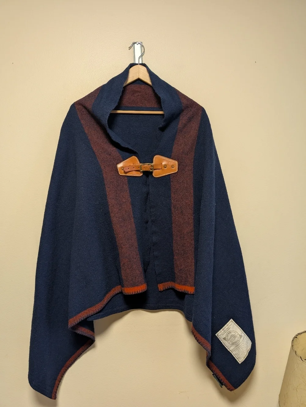 Woolrich Wool Cape Poncho Leather Toggle Navy Plaid OS